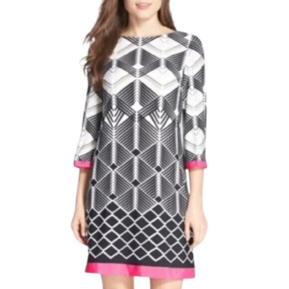 Eliza J Geometrical Print Mini Shift Dress in Black Pink and White  - 6